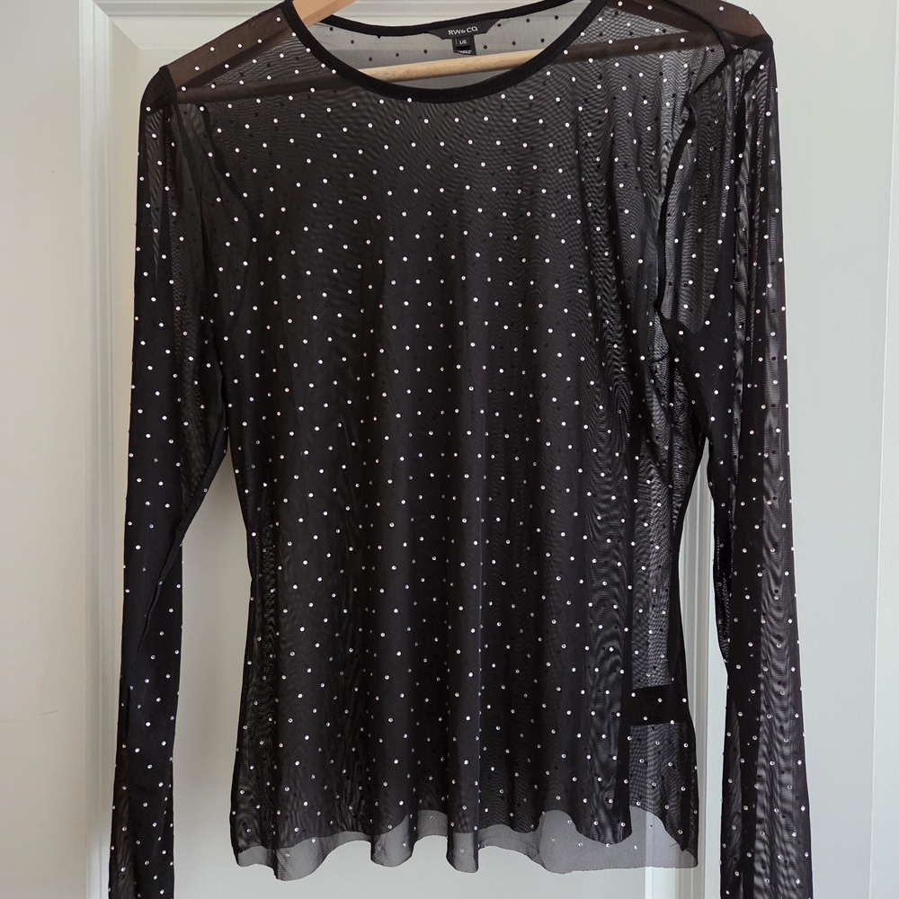 RW&CO. Black Mesh Blouse with White Dots